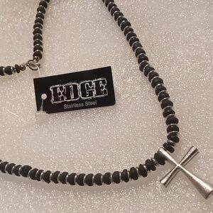 Men's designer edge cross necklace stainless steel & black wooden beaded
